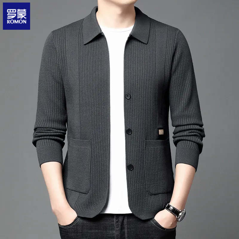 罗蒙2025春秋新款开衫毛衣年轻男士翻领针织衫时尚休闲纯色夹克潮
