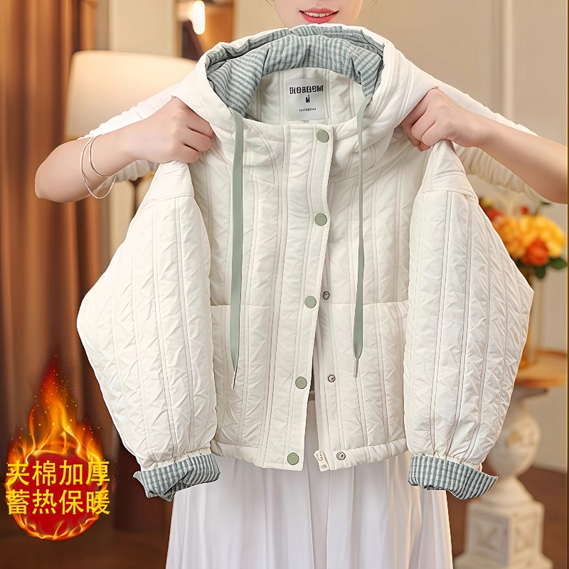 女童夹棉外套秋冬2025新款格子拼接连帽二棉棉服加厚假两件棉衣潮