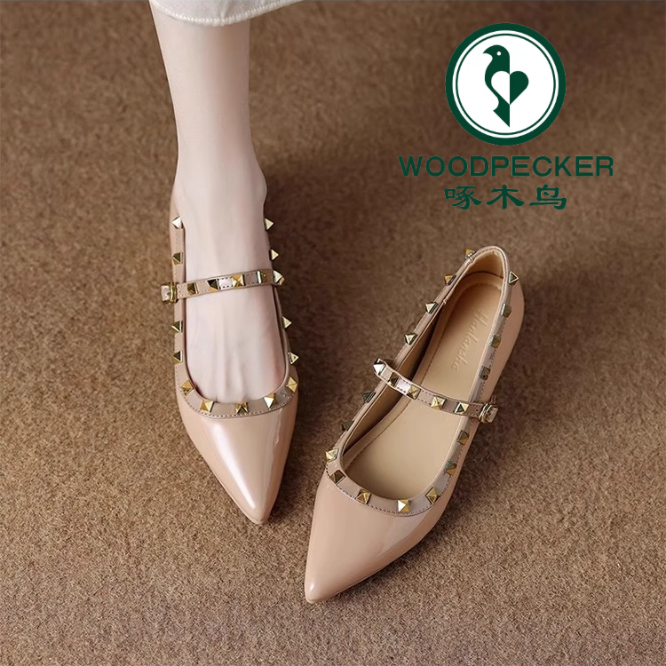 啄木鸟小个子内增高单鞋女外穿2025夏季新款铆钉尖头玛丽珍浅口
