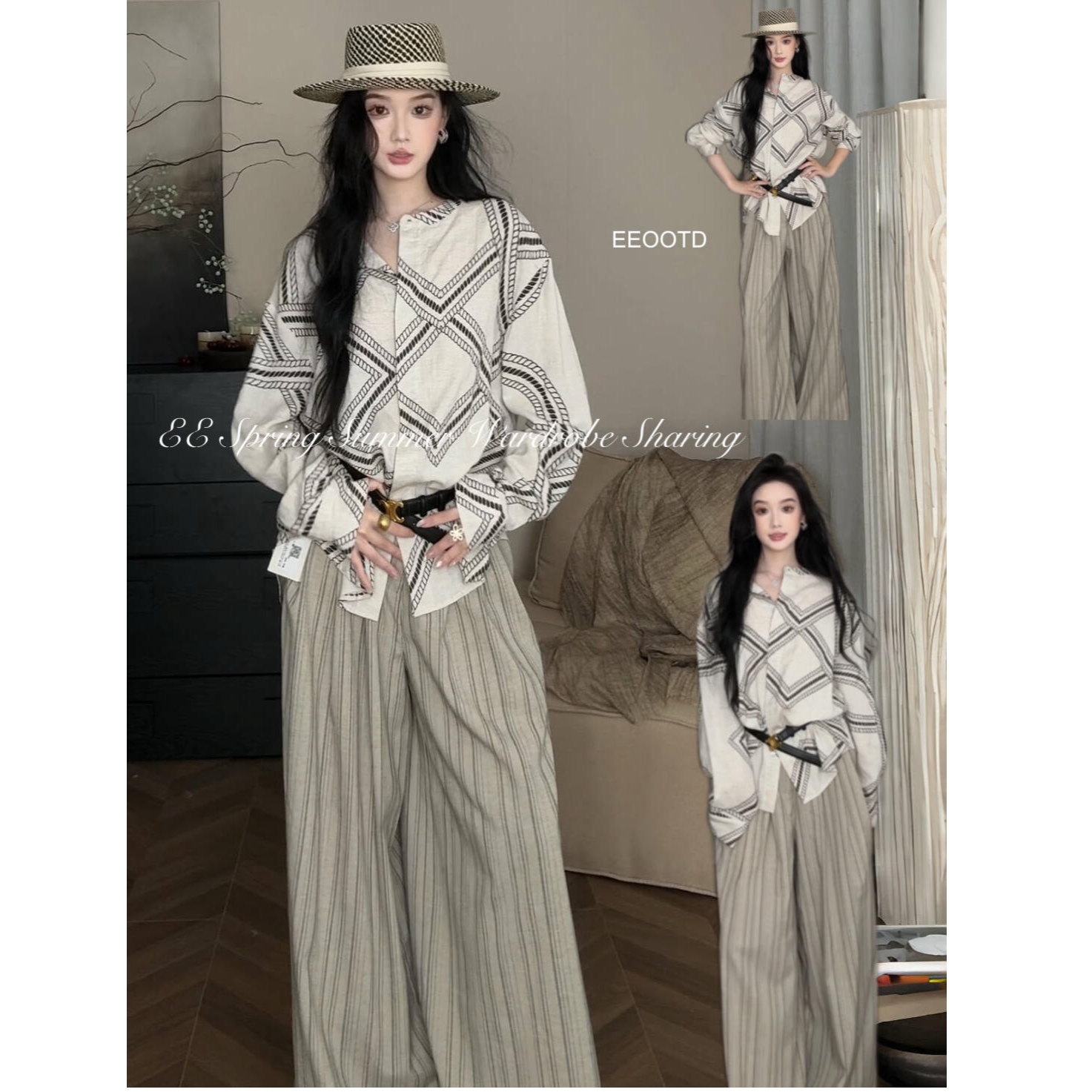 parkyeon复古衬衫女2025廓形衬衣开衫休闲百搭上衣休闲长裤套装