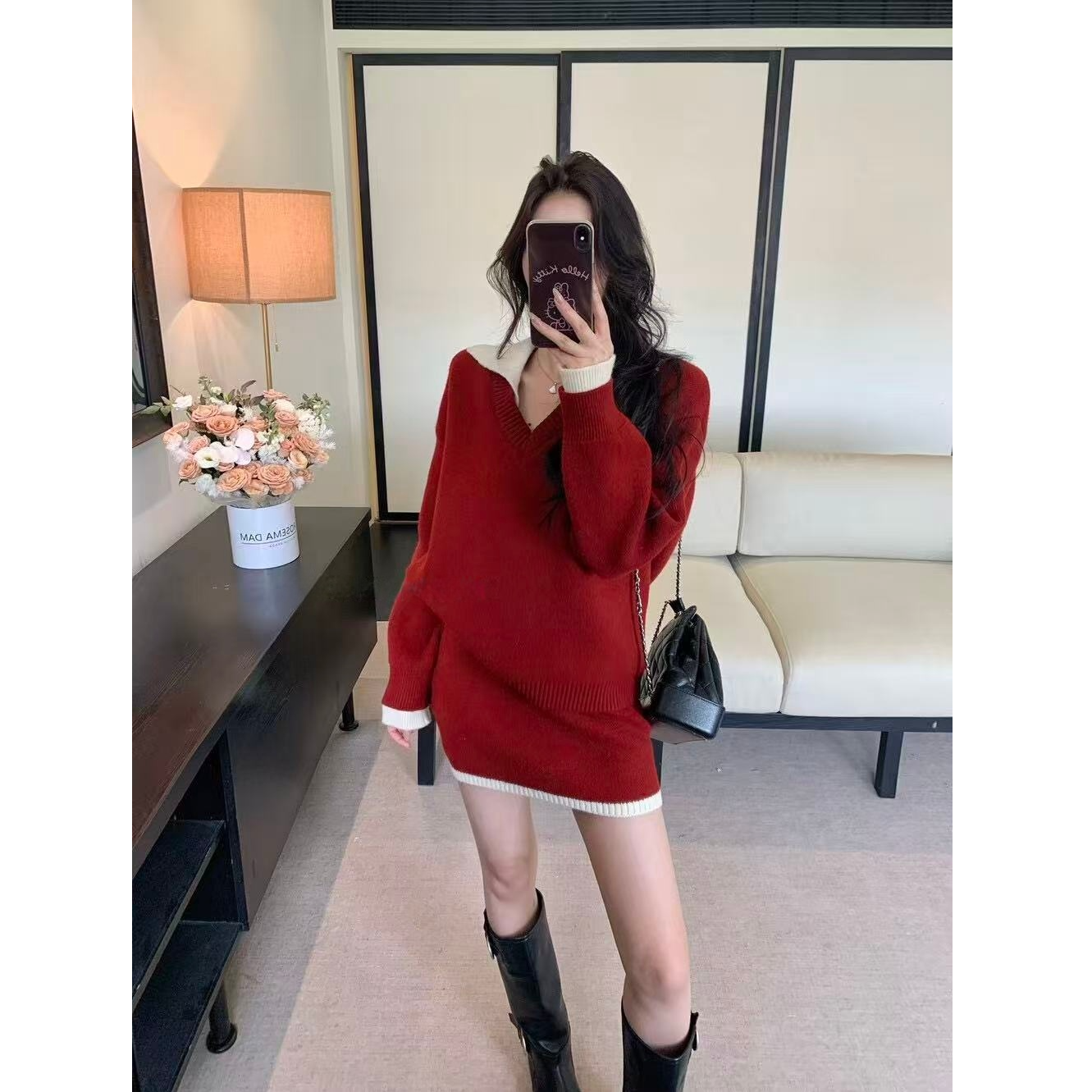 秋冬休闲学院风撞色V领翻领宽松针织衫+包臀半身裙两件套时尚套装