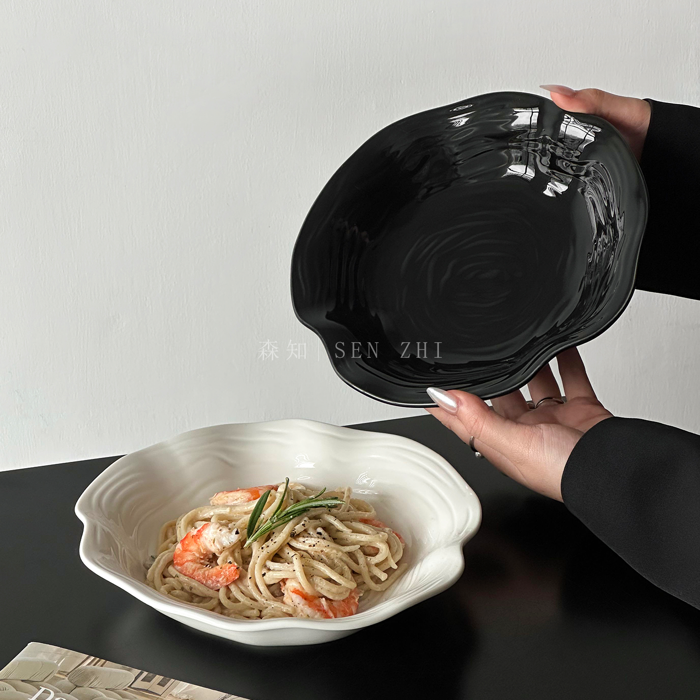 创意ins风高级感荷叶边陶瓷盘意面盘深盘西餐盘水果沙拉碗酸奶碗