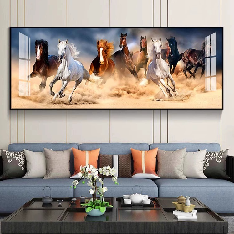 八骏图客厅挂画马的装饰画办公室马到成功墙画横幅沙发背晶瓷挂画