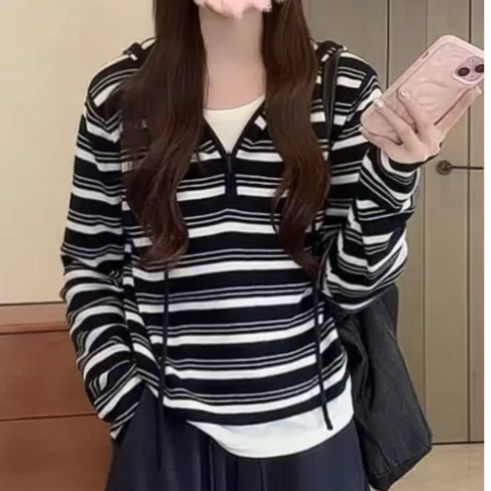 90-170斤大码时尚舒适显瘦宽松套头半拉链连帽假两件条纹针织衫