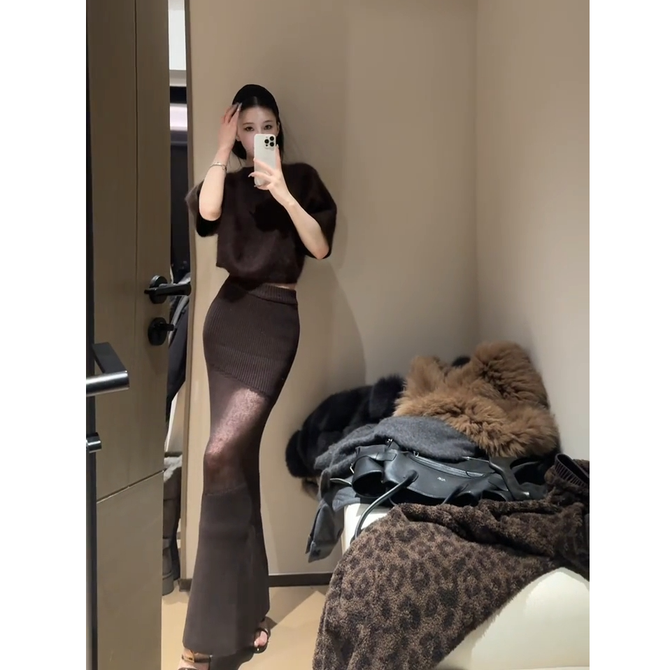 慵懒风圆领短袖针织衫女秋冬新款咖色气质短款上衣包臀长裙两件套