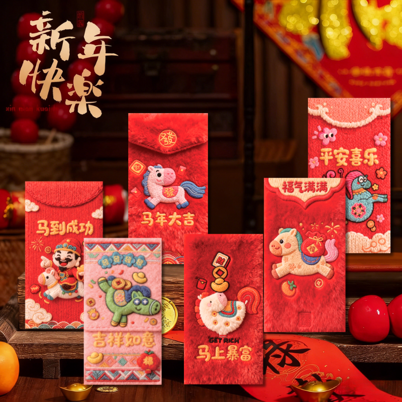 马年红包卡通可爱创意视觉3D毛绒风春节过年新年儿童压岁利是封