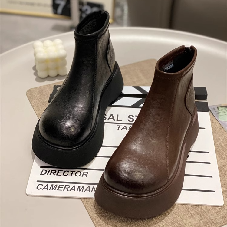 厚底短靴女2025新款秋冬季勃肯鞋增高切尔西靴加绒马丁靴懒人皮面