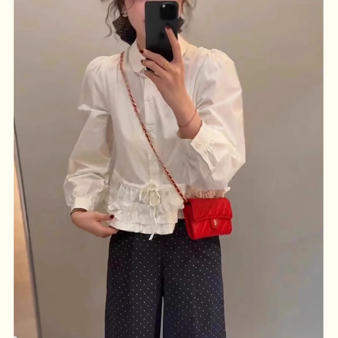 韩系少女感甜美下摆拼接花边系带白色纯棉衬衫立领高级感衬衣小衫