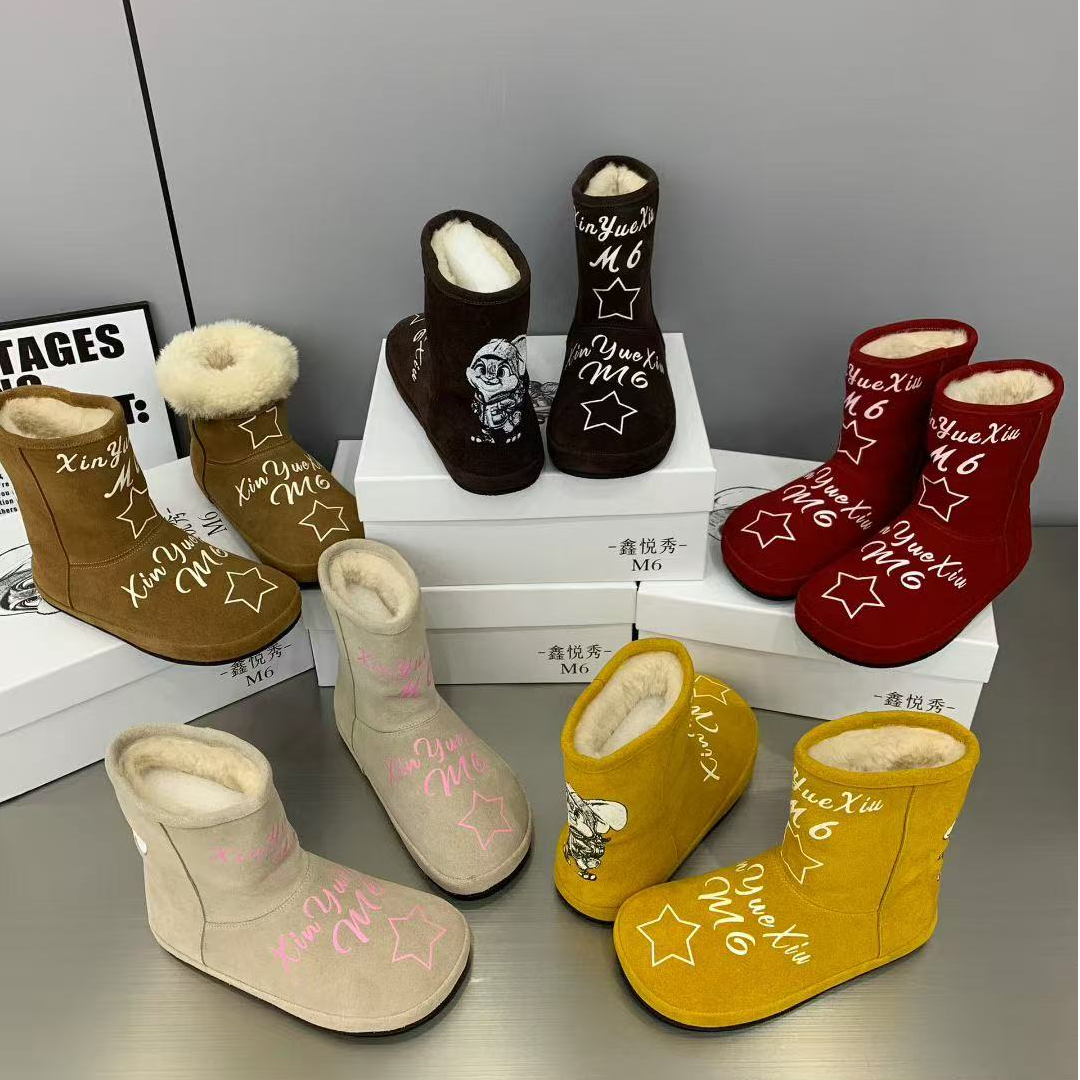 卡通印花涂鸦雪地靴女2025冬季新款百搭轻便软底休闲面包短靴潮靴
