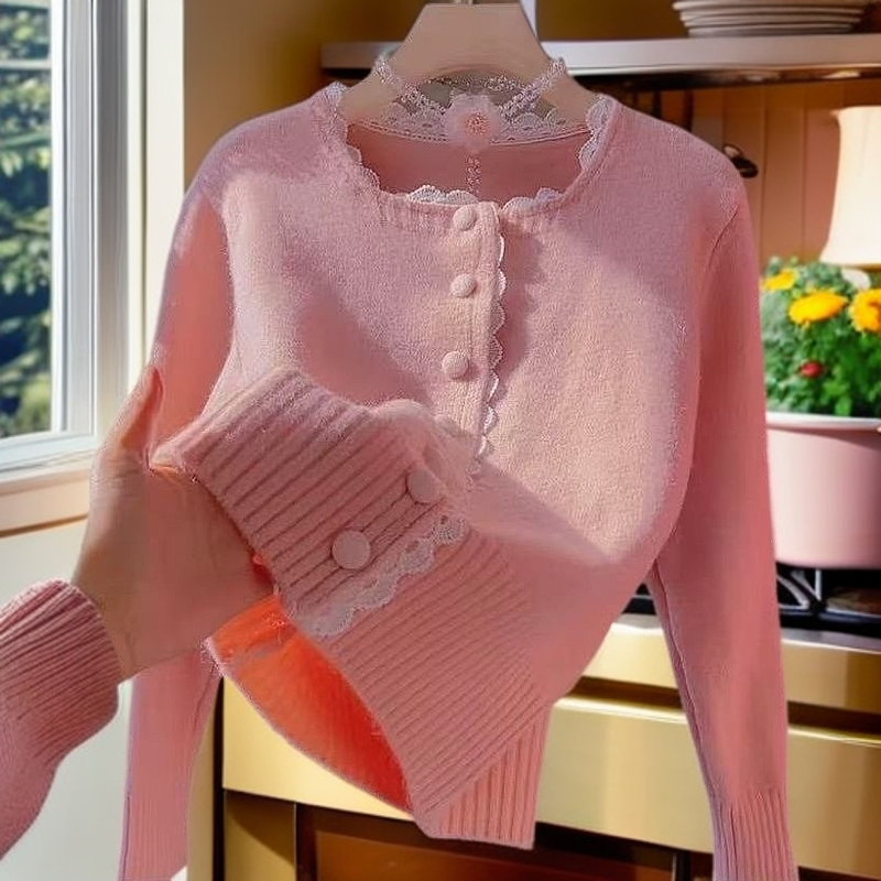 甜美温柔蕾丝花边奶蓝色毛衣外套女春秋新款小众洋气针织开衫上衣