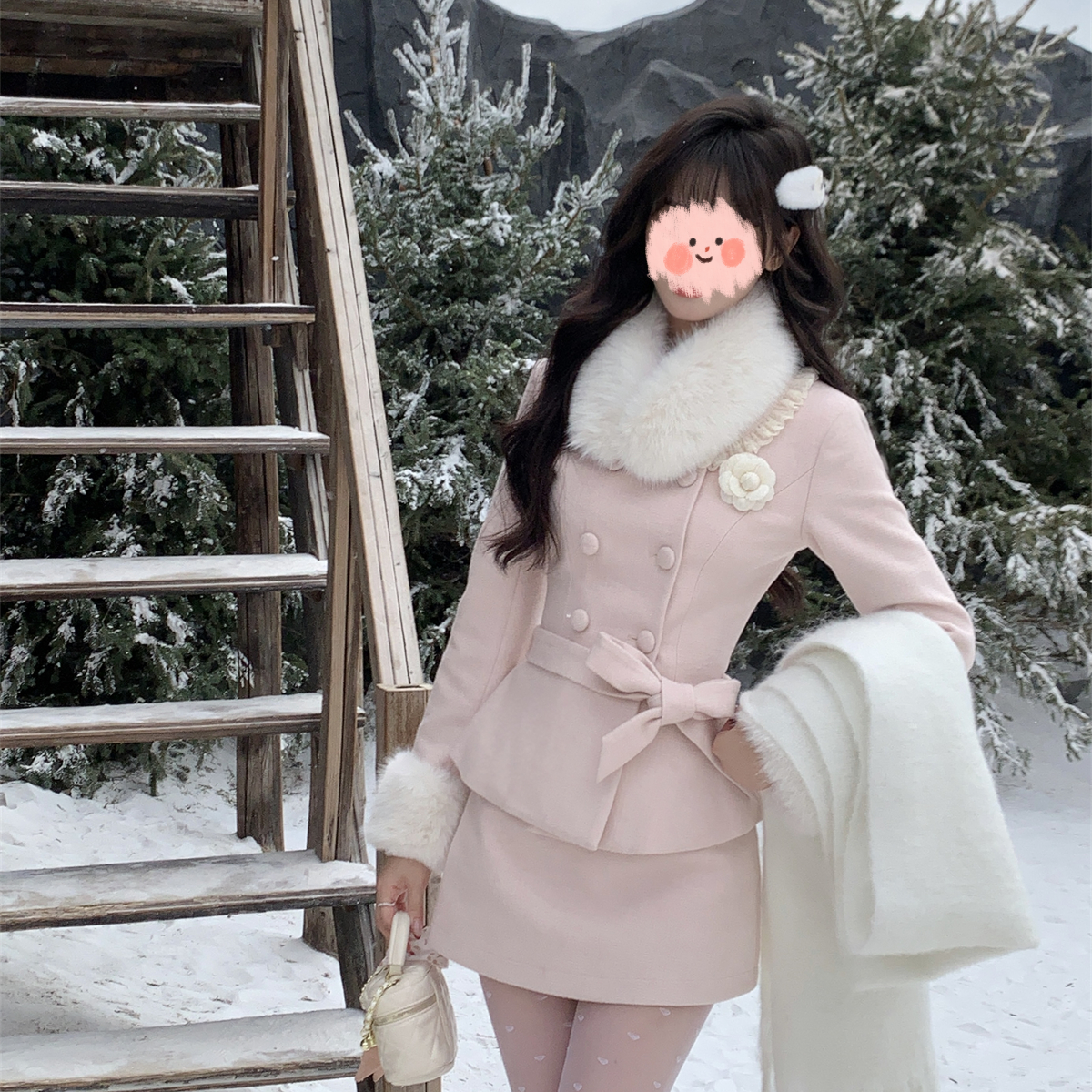 矜贵千金 法式高级感套装春秋毛绒拼接毛呢外套半身裙