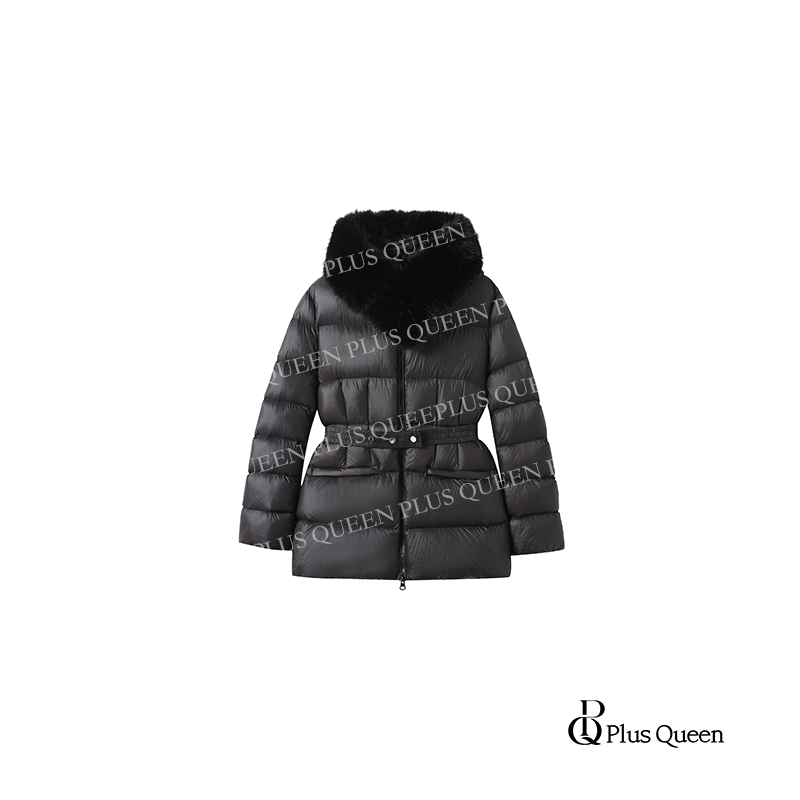 PLUS QUEEN 宏蓝【高个子大码】沙漏腰短款毛领90白鸭绒羽绒服
