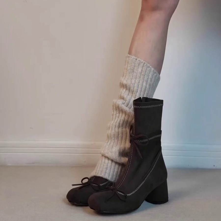 羊皮版~法式温柔芭蕾风粗跟瘦瘦靴蝴蝶结侧拉链显瘦百搭女弹力靴
