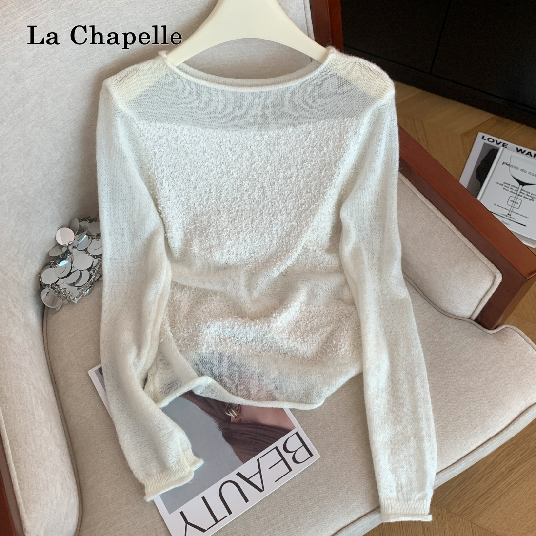 拉夏贝尔秋冬新款毛茸拼接气质长袖韩系小众别致洋气针织衫上衣女