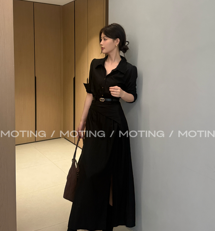 【柏林暮色】秋季法式polo领长款收腰显瘦气质长袖连衣裙