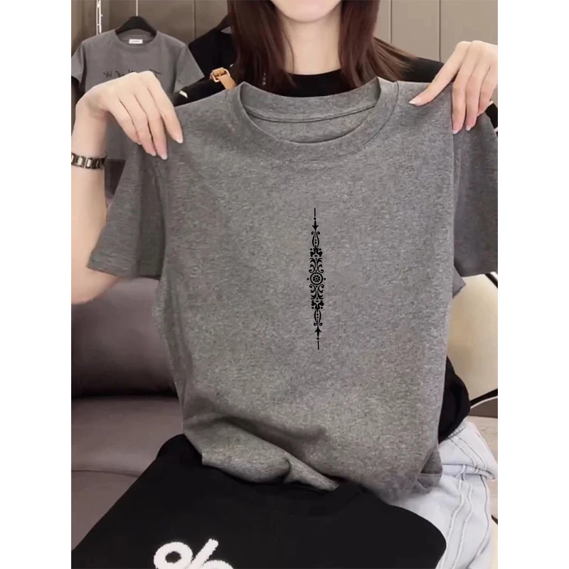 正肩洋气深灰色短袖t恤女印花夏季半袖2025新款体恤宽松显瘦上衣