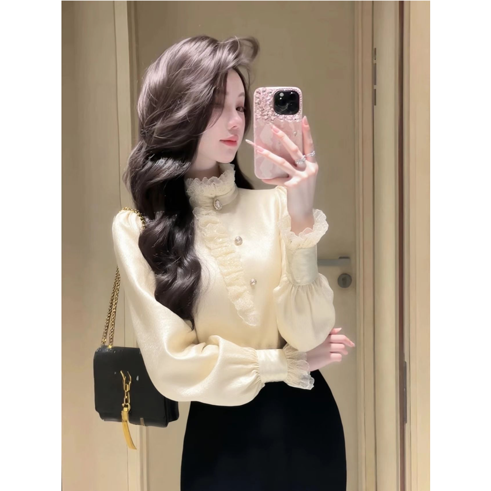 法式木耳边泡泡袖立领衬衫女士春秋季名媛高级感拼接衬衣洋气上衣