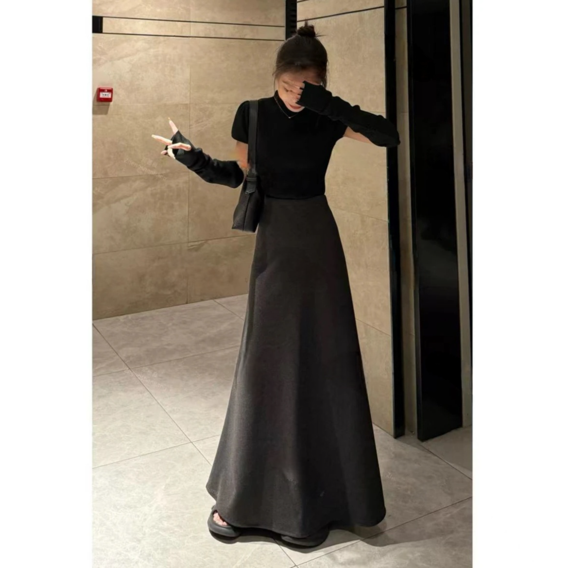 秋冬新款气质高腰显瘦极简A字毛尼半身裙时尚垂感百搭休闲长裙