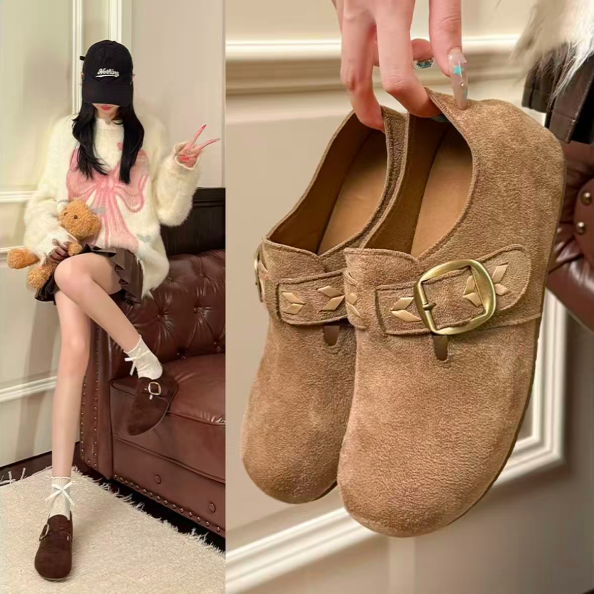 【退货补运费】5CM琥珀流光一脚蹬真皮懒人全包内增高勃肯鞋女6091