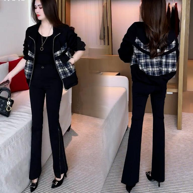 短外套女2025新款时髦洋气格子拼接宽松显瘦短款休闲上衣