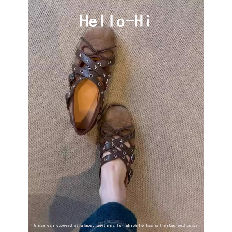 法式小香风交叉绑带玛丽珍鞋女百搭棕色运动风芭蕾舞鞋蝴蝶结单鞋