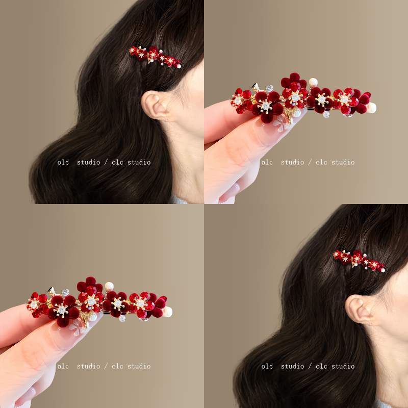 红梅映春~植绒花朵珍珠发夹女复古中式弹簧夹精致鸭嘴夹旅行发饰