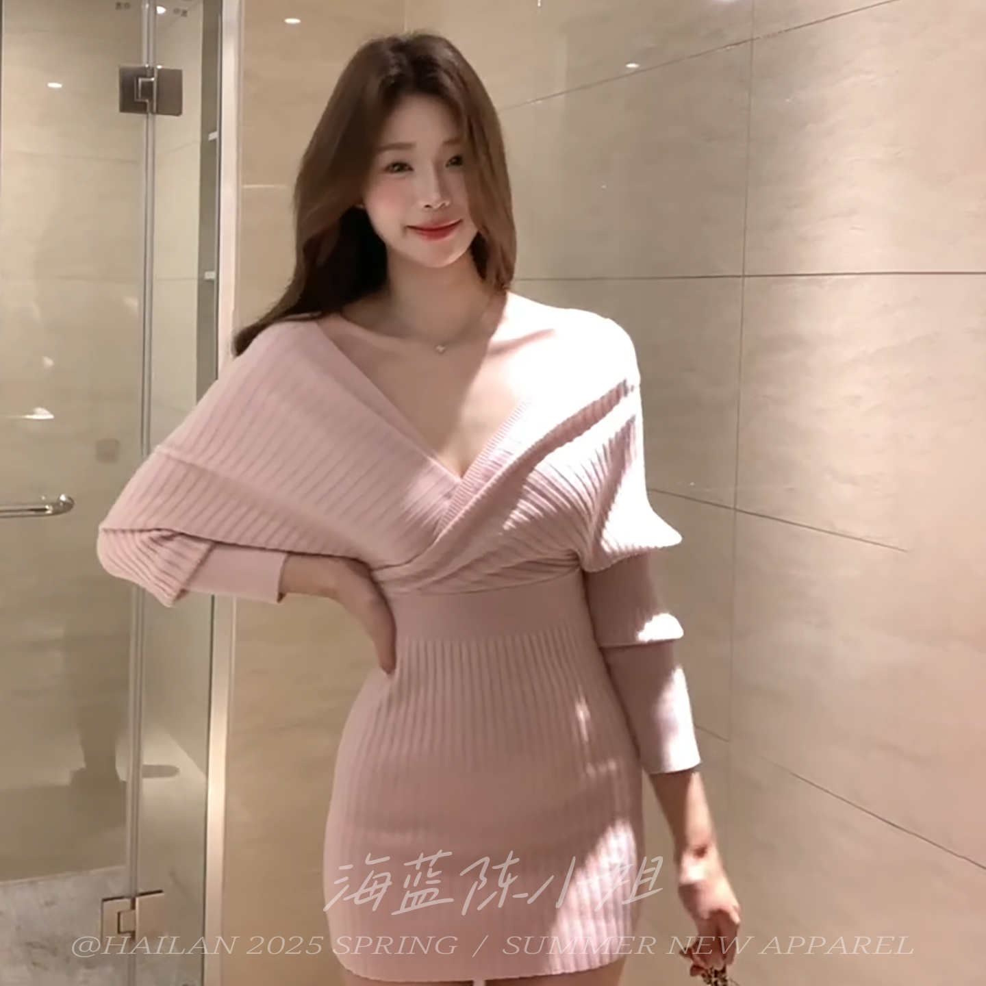 韩国秋冬小心机性感OL针织毛衣包臀裙纯欲一字领露肩收腰连衣裙女