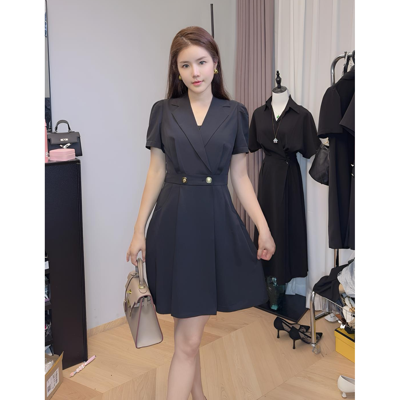 A字裙夏季短袖通勤高腰连衣裙法式气质小个子泡泡袖