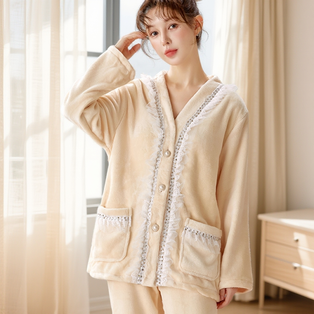 珊瑚绒睡衣女秋冬领甜美开衫花边法兰绒加厚保暖套装家居服冬天