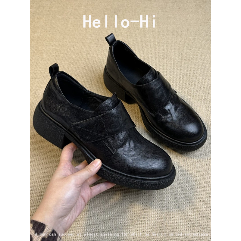 羊皮版~圆头复古简约乐福鞋女通勤新款小皮鞋魔术贴深口厚底单鞋