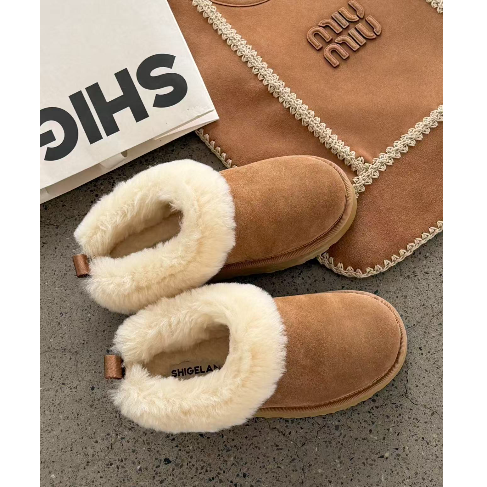 诗歌兰女鞋时尚百搭新款一脚蹬羊毛外穿雪地靴拖鞋