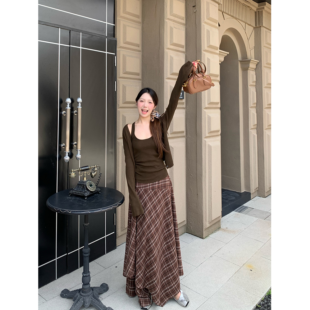 不规则下摆咖色格子A字长裙女韩系高腰遮胯垂感大裙摆半身裙