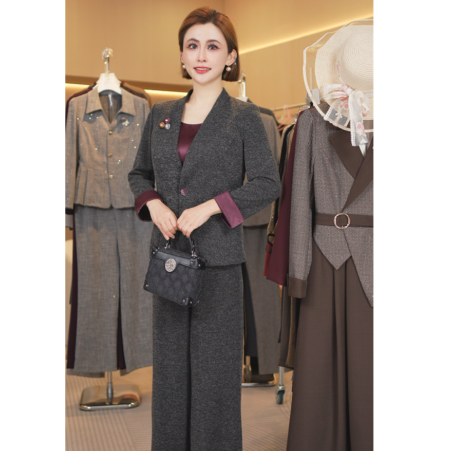 W8019春秋2025新款时尚气质套装女V领西装外套阔腿裤显瘦两件套