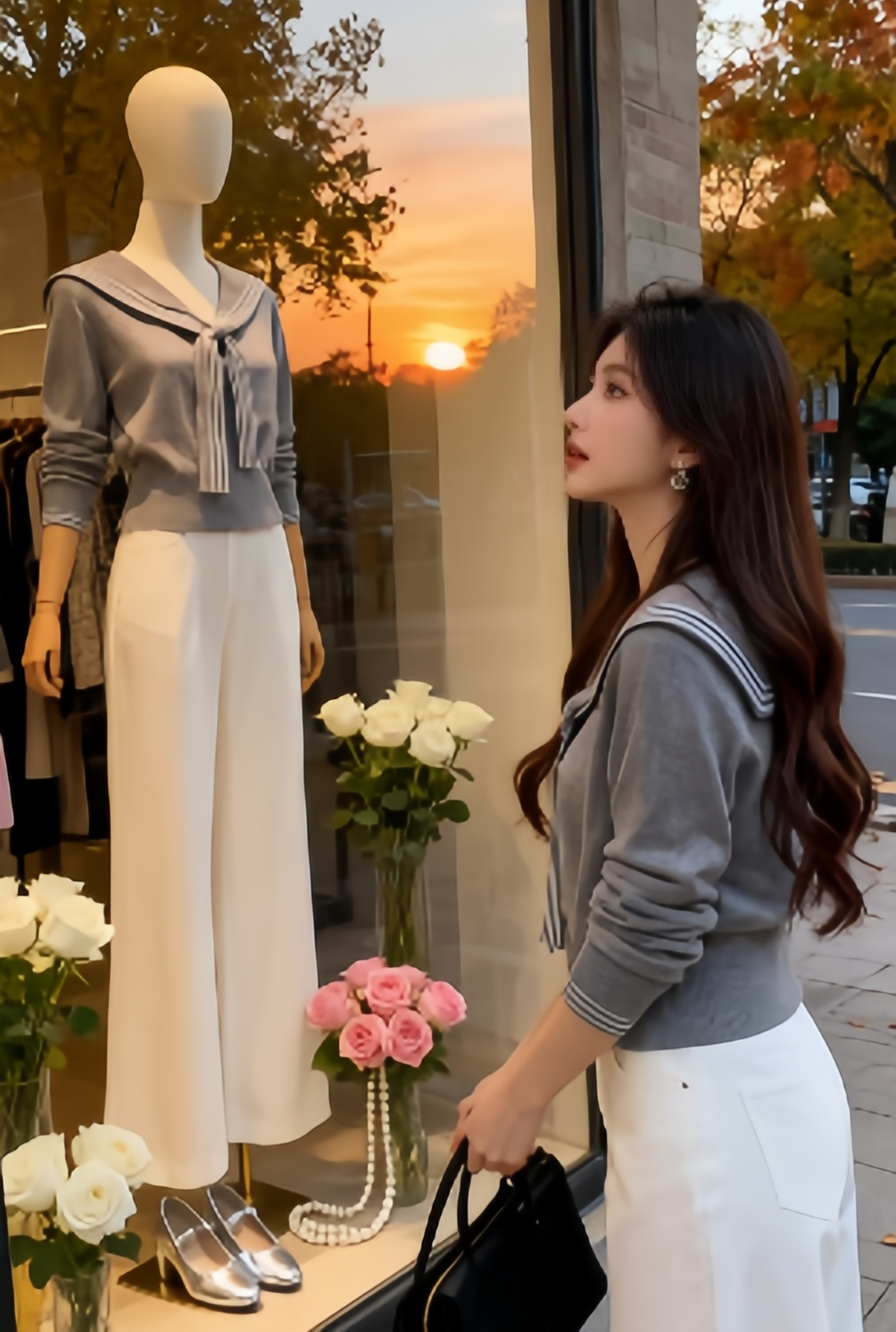 秋季套装女2025新款韩系海军领针织衫搭洋气高腰显瘦休闲裤两件套