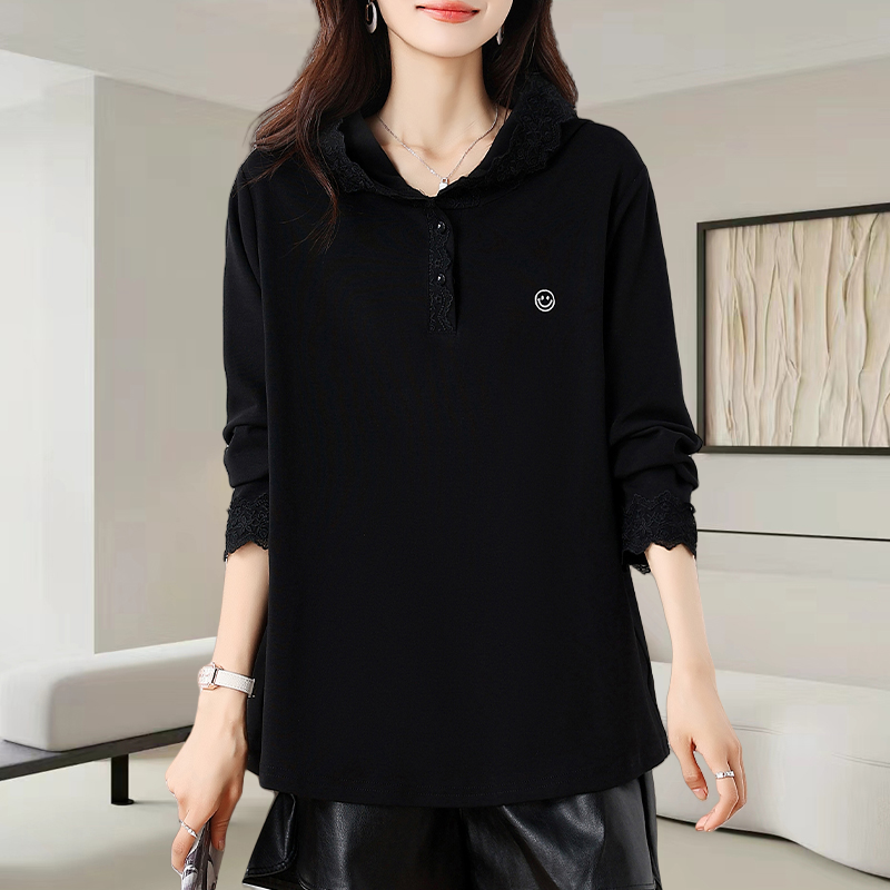 黑色连帽蕾丝拼接卫衣女士2025秋季新款洋气减龄宽松显瘦休闲上衣
