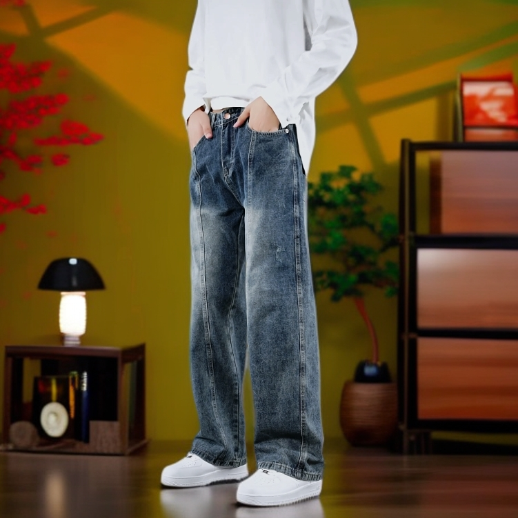 美式潮流常规款男直筒裤秋冬季阔腿裤牛仔裤裤子宽松潮流休闲