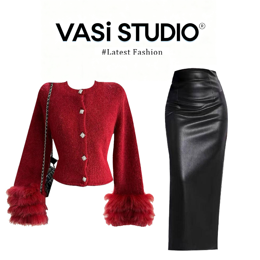 VASI法式小香风红色毛茸茸长袖针织衫毛衣秋冬半身裙套装女