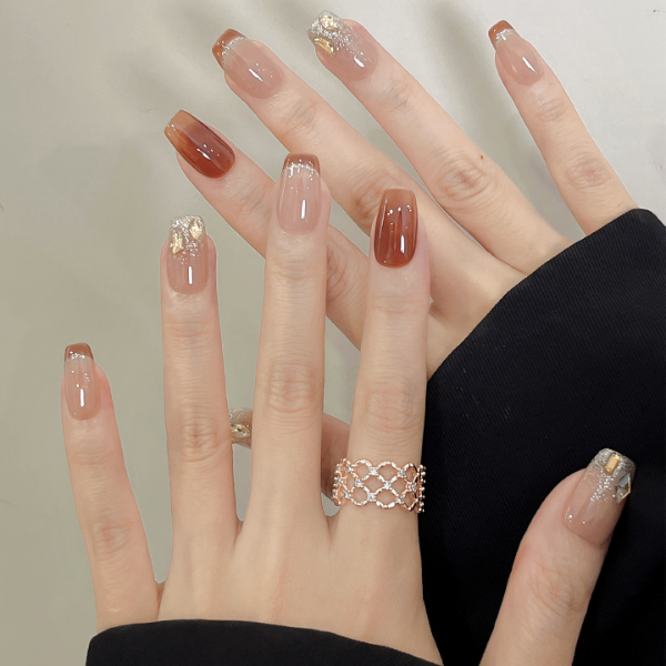 冰咖碎金 手工穿戴甲咖色细闪碎钻中方温柔高级显白百搭日常通勤