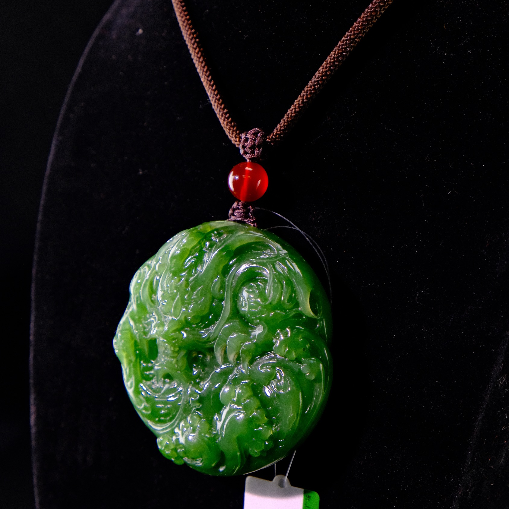 福璐百泽大气和田玉碧玉阳绿龙牌吊坠（含链）