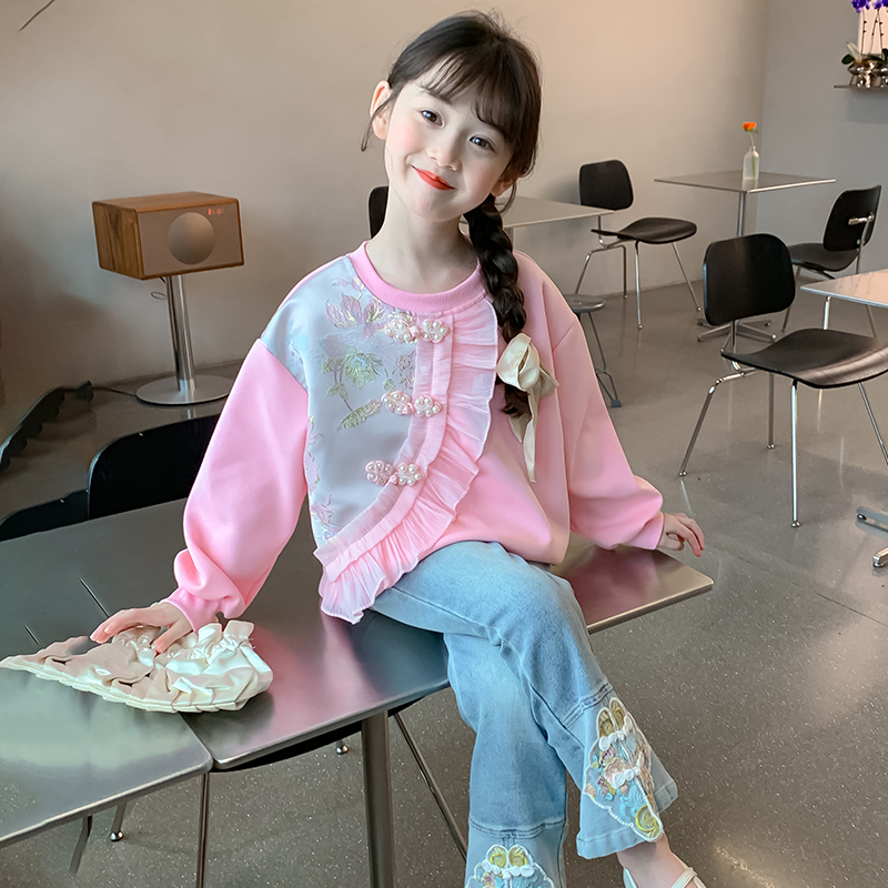 女童国风木耳花边卫衣套装春秋装洋气刺绣牛仔裤两件套