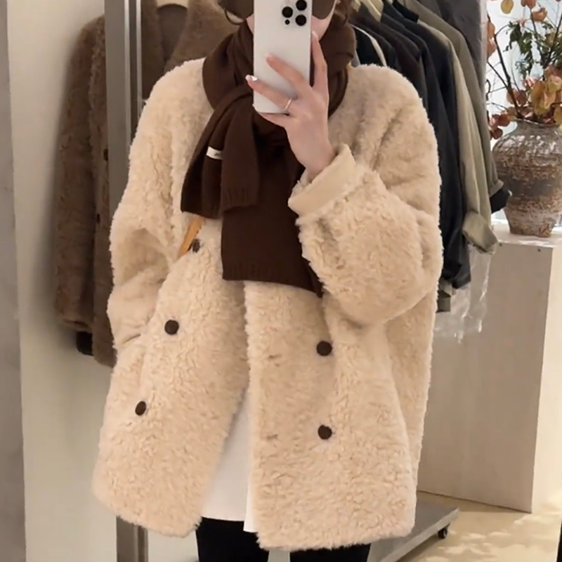 韩系高级感双排扣加厚羊羔毛外套女冬季慵懒风小个子皮毛一体大衣