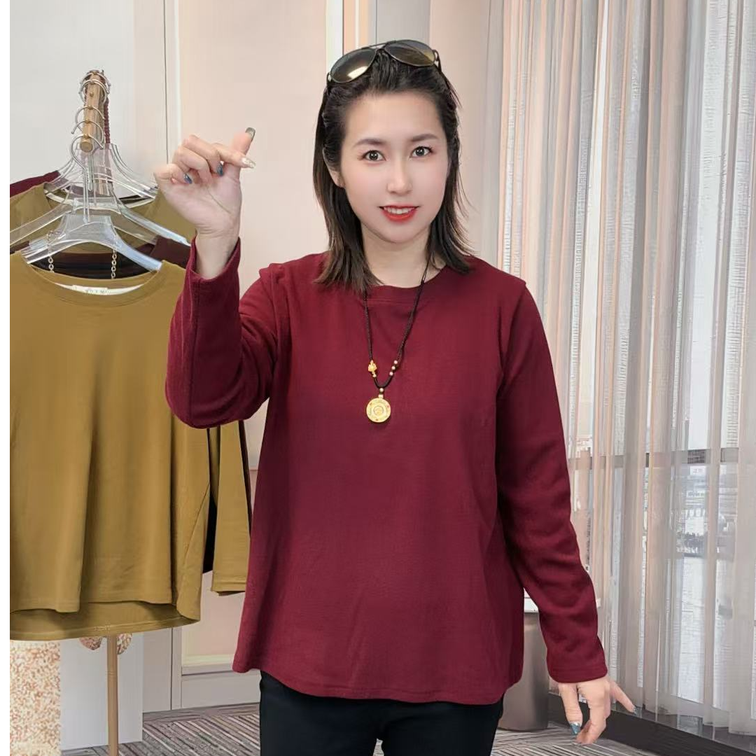 冬季新款圆领时尚百搭网红螺纹绒设计长袖休闲打底衫宽松显瘦