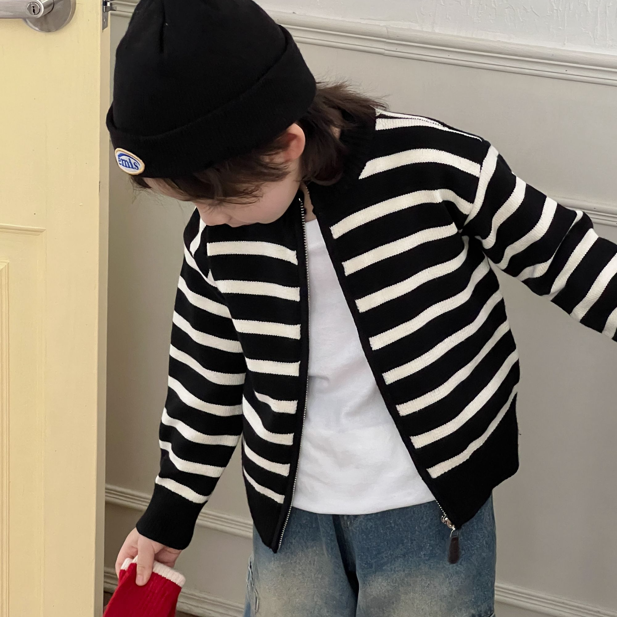 儿童经典条纹毛衣拉链开衫宝宝针织男女童秋冬季节外套时尚百搭