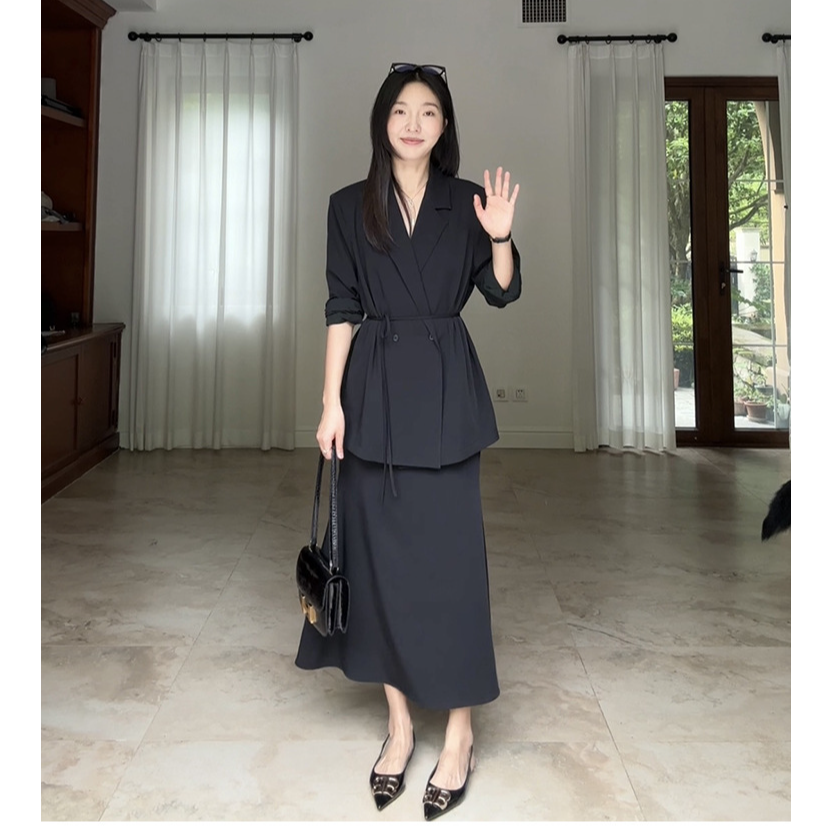 大码夏薄款长袖西装吊带裙套装女胖mm洋气收腰设计感防晒西服外套