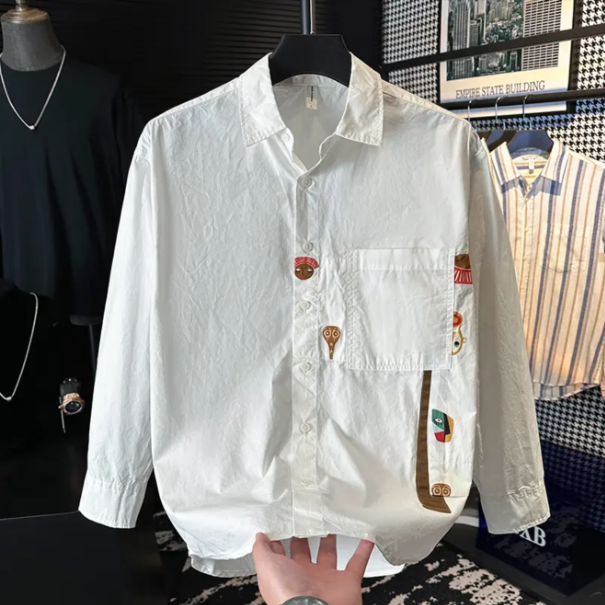 早秋潮牌日系印花长袖衬衫男士早秋穿搭潮流清新宽松休闲上衣外套