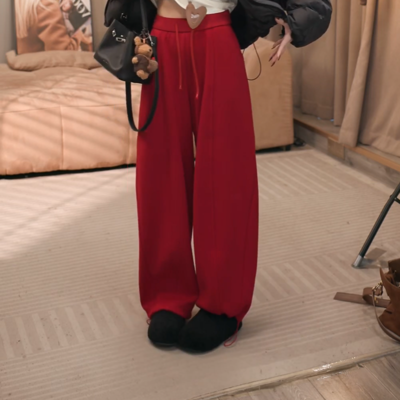 冬季新款加绒宽松阔腿显瘦百搭抽绳松紧腰休闲裤LK2509075