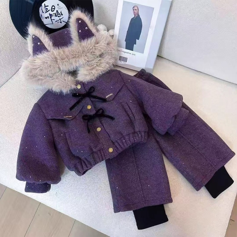 女童加绒套装秋冬款2025新款洋气加厚呢子外套直筒长裤童装两件套