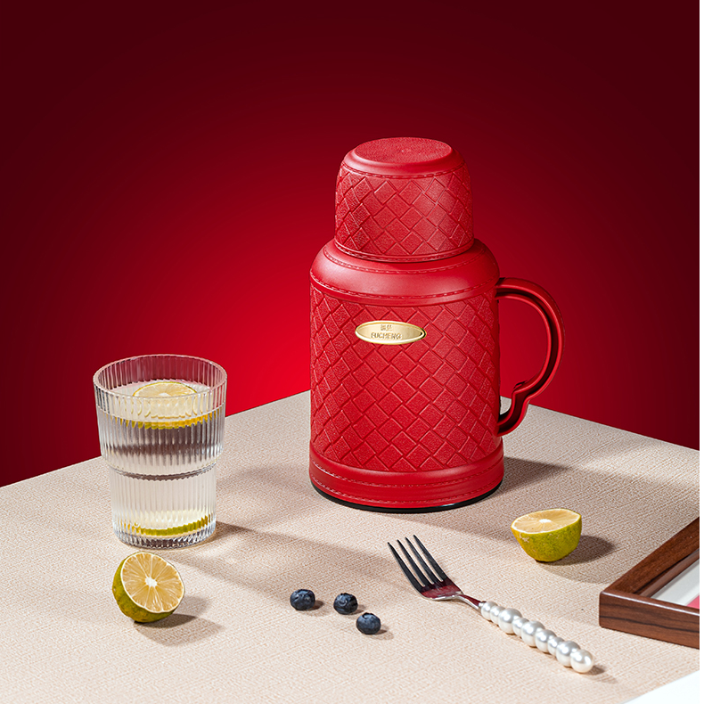 【福呈】新款红色菱纹壶1000ML保温壶便捷式宿舍户外居家日用暖水瓶
