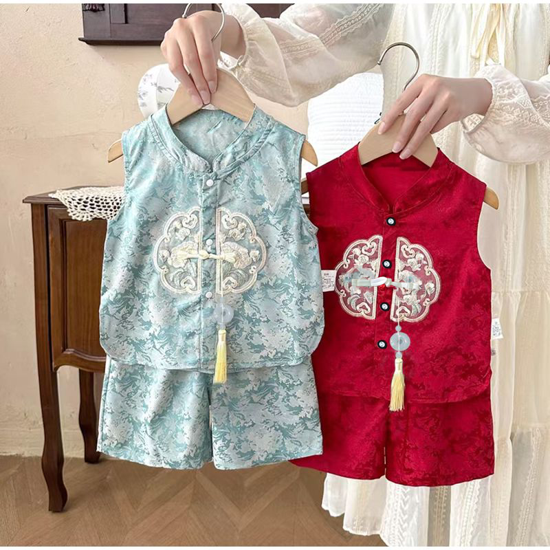 【送吊坠】儿童夏季新中国风背心短裤套装男女宝同款韩版宽松休闲
