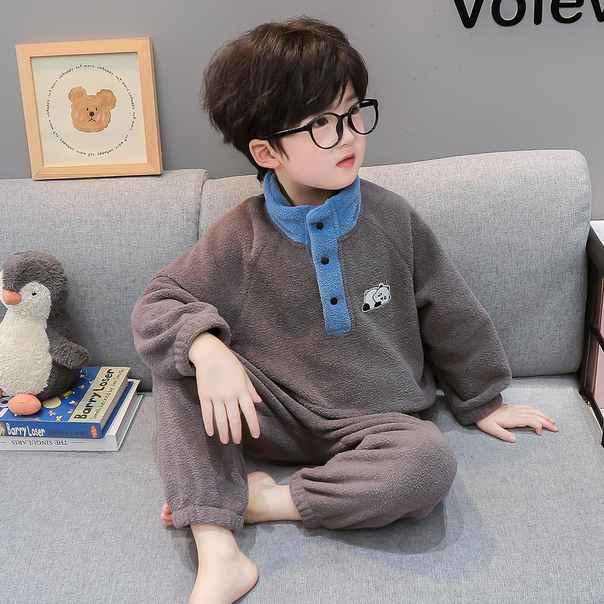男童睡衣秋冬儿童加厚法兰绒小童男孩冬季保暖珊瑚绒家居服套装